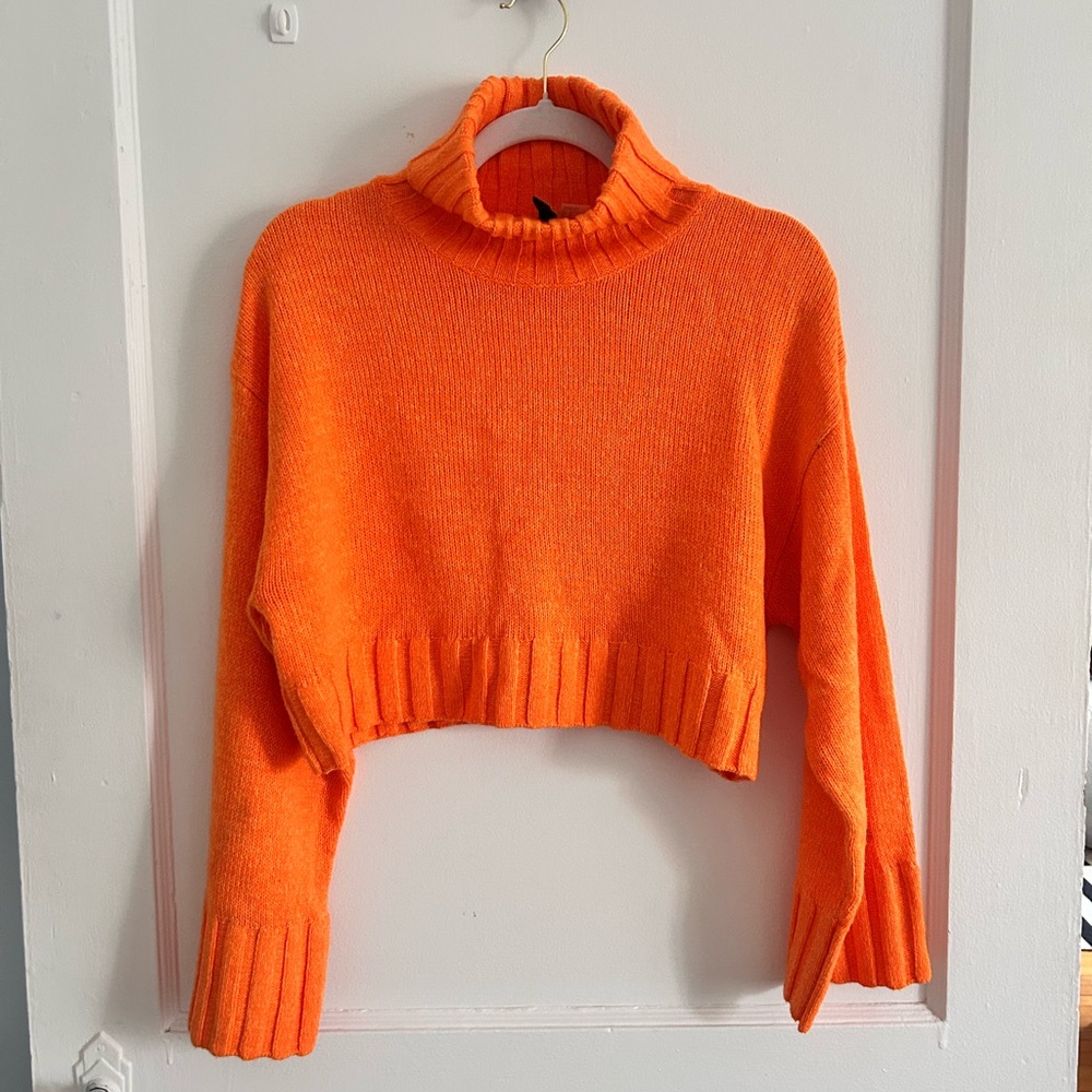 Orange Cropped Turtleneck Women's Sweater